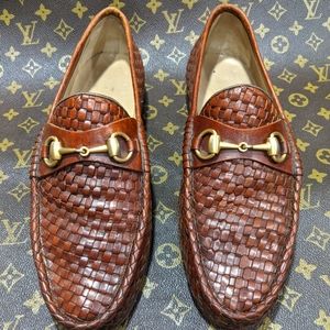 Gucci Brown woven leather bit loafers
